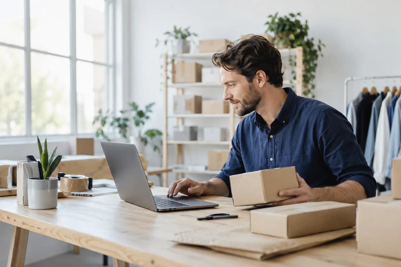 An online retailer checking an order beside parcels ready to be packed.