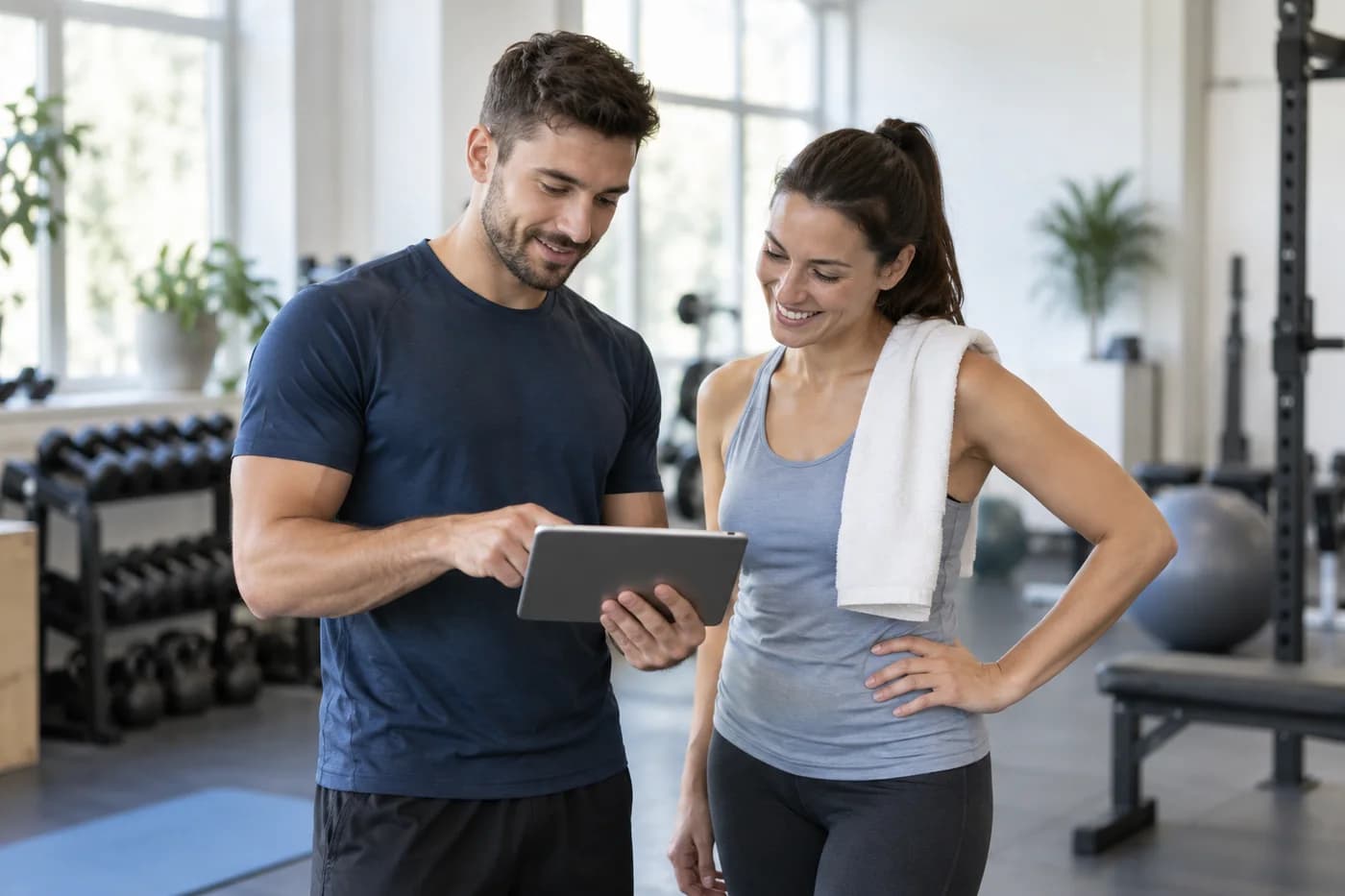A fitness coach and gym member discussing a training plan on a tablet.