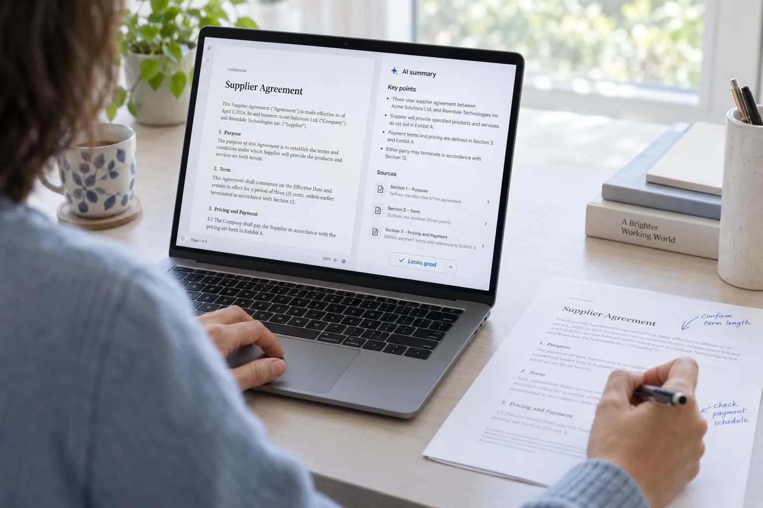 A person checking an AI-generated summary against its source document