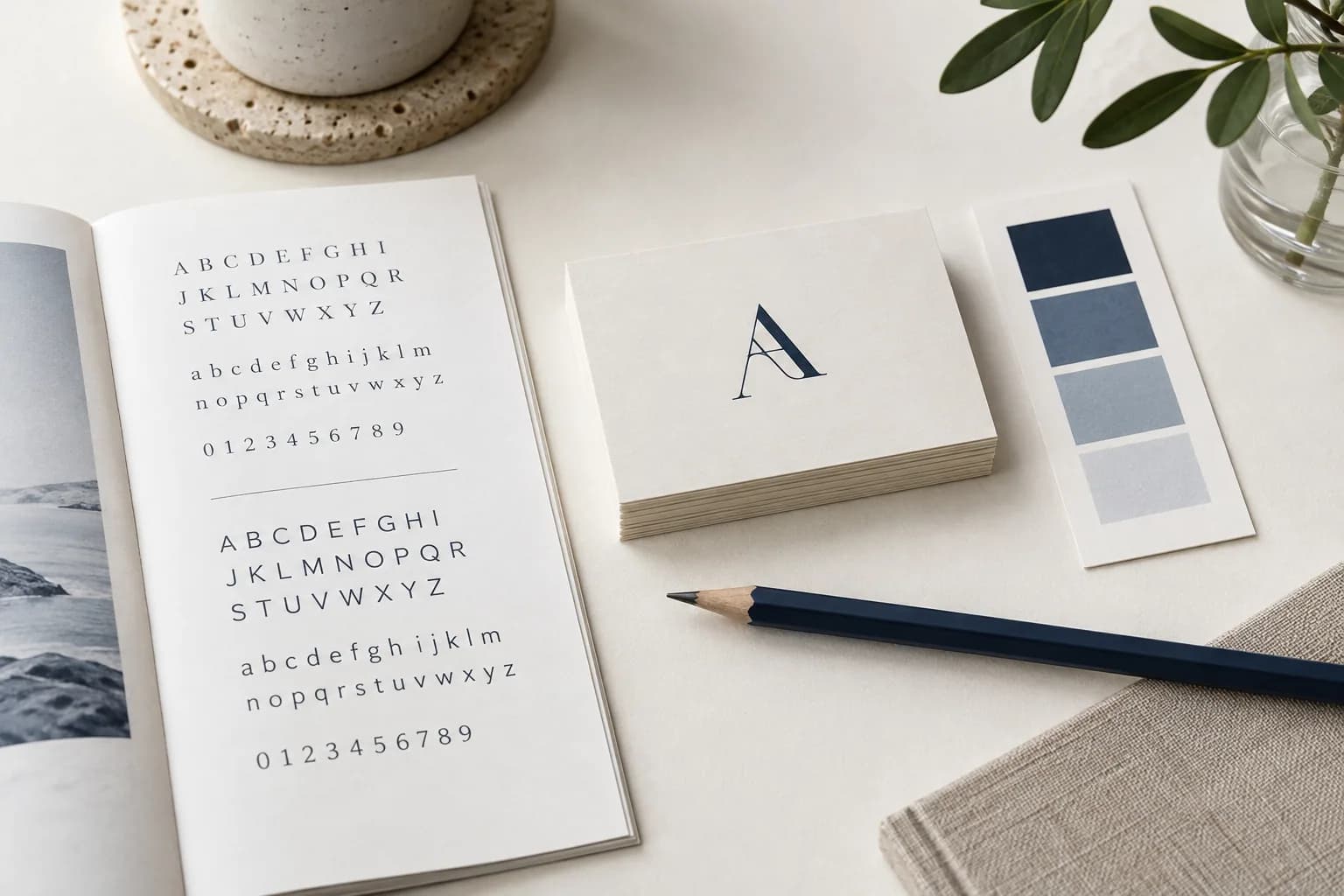 Typography samples, blue colour swatches and printed identity cards on an ivory desk