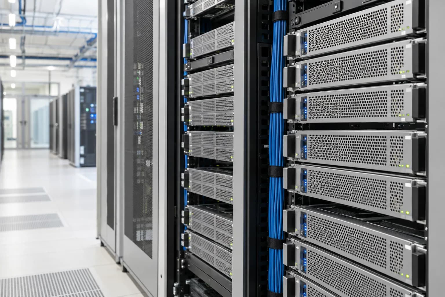Neatly arranged servers and network cables in a bright data facility