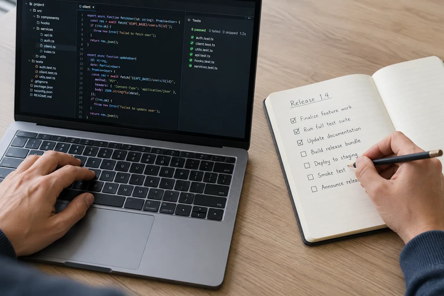 An engineer reviewing code, test results and a handwritten release checklist