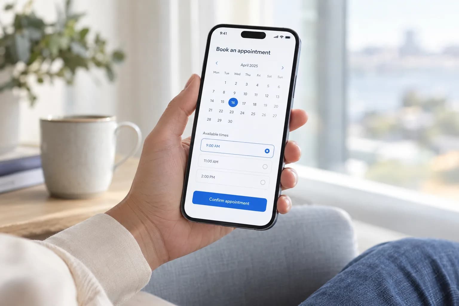 A hand holding a phone with a simple appointment booking interface