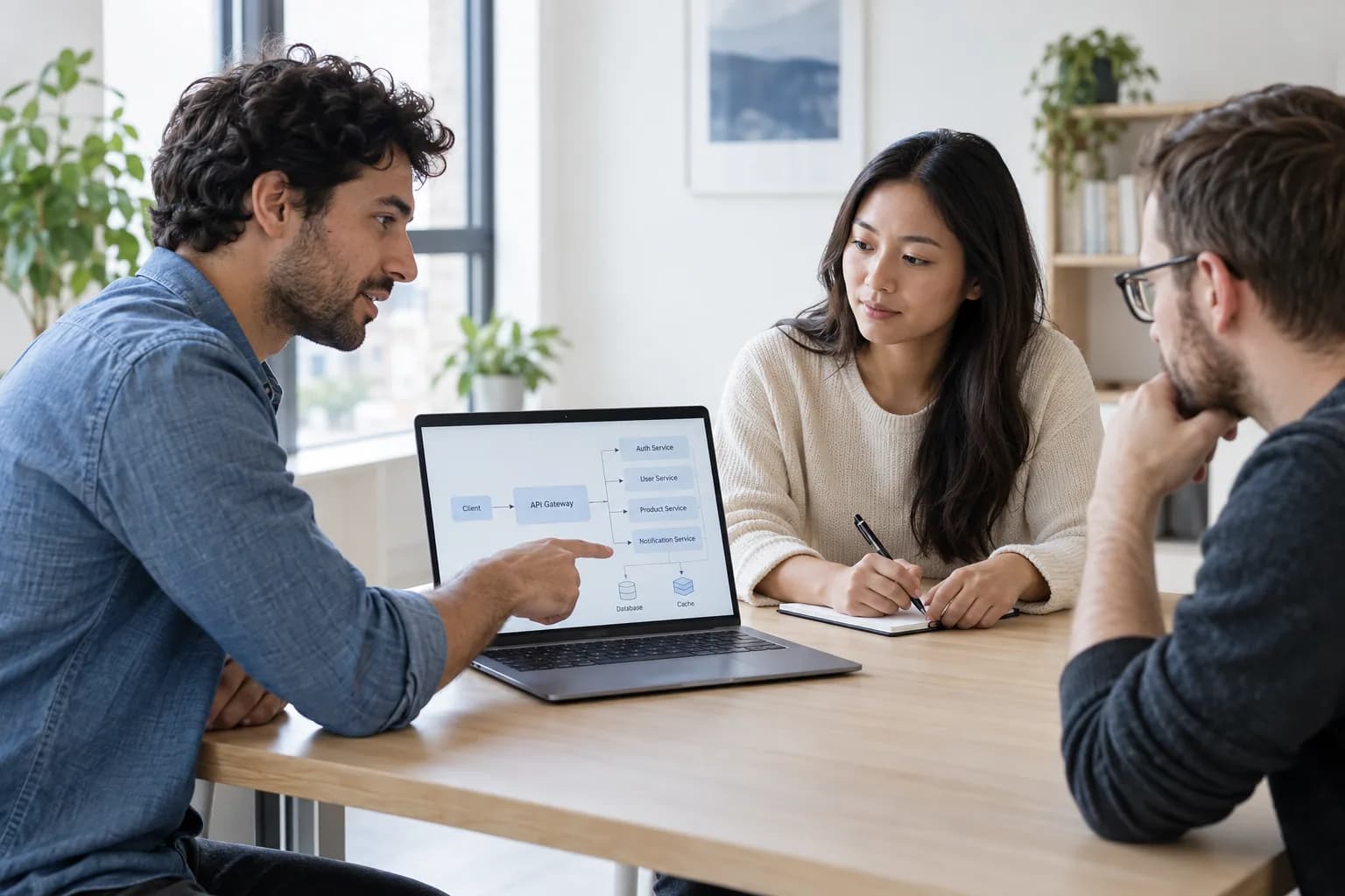 Three colleagues reviewing a software architecture diagram together