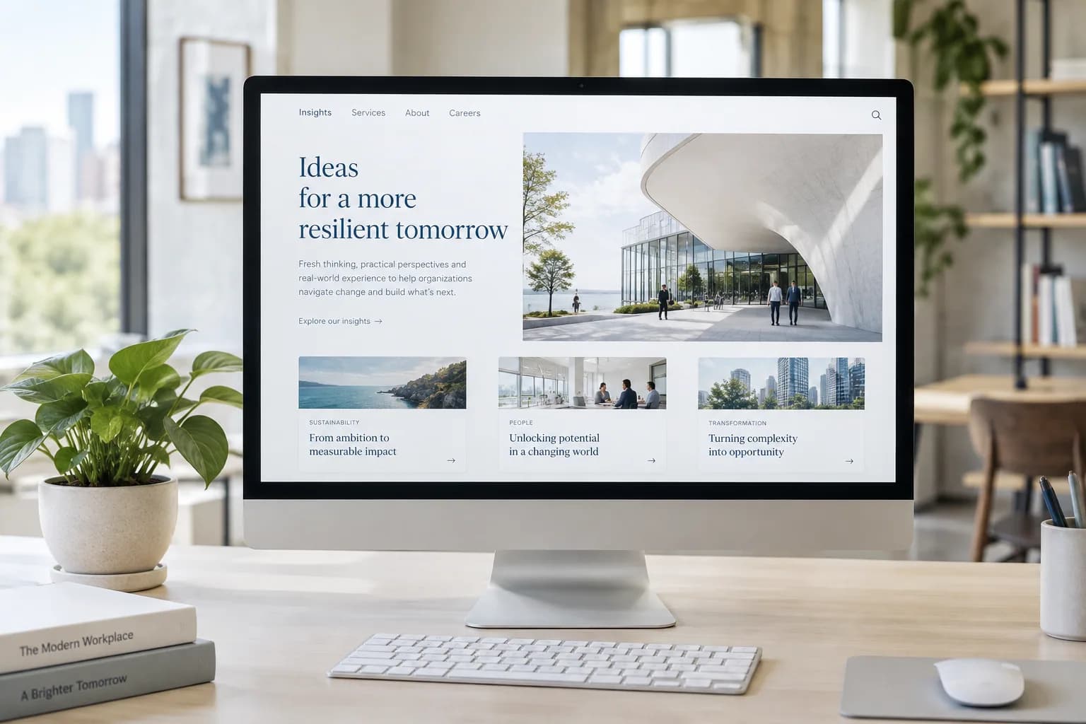 A clean editorial website displayed on a desktop monitor in a bright workspace