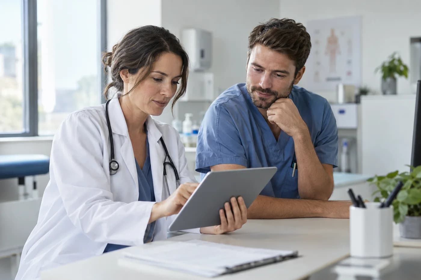 Healthcare professionals reviewing a tablet together at a clinic workstation.