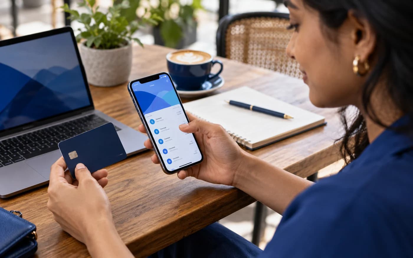 A customer using a mobile banking app and bank card beside a laptop.