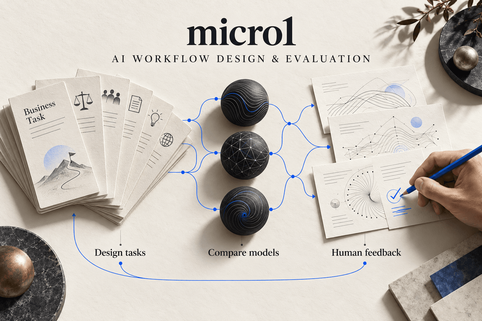 micro1 AI workflow design and evaluation illustration connecting business tasks, model comparison and human feedback.