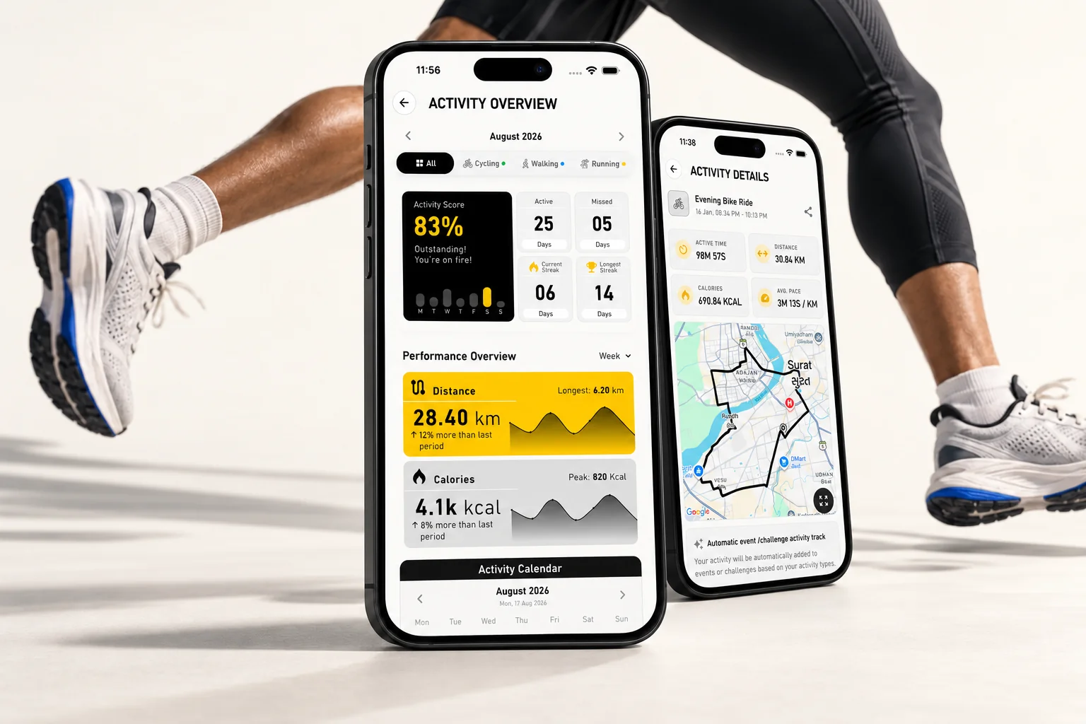 MOVE fitness app activity overview and route details on two phones, with a runner in the background.
