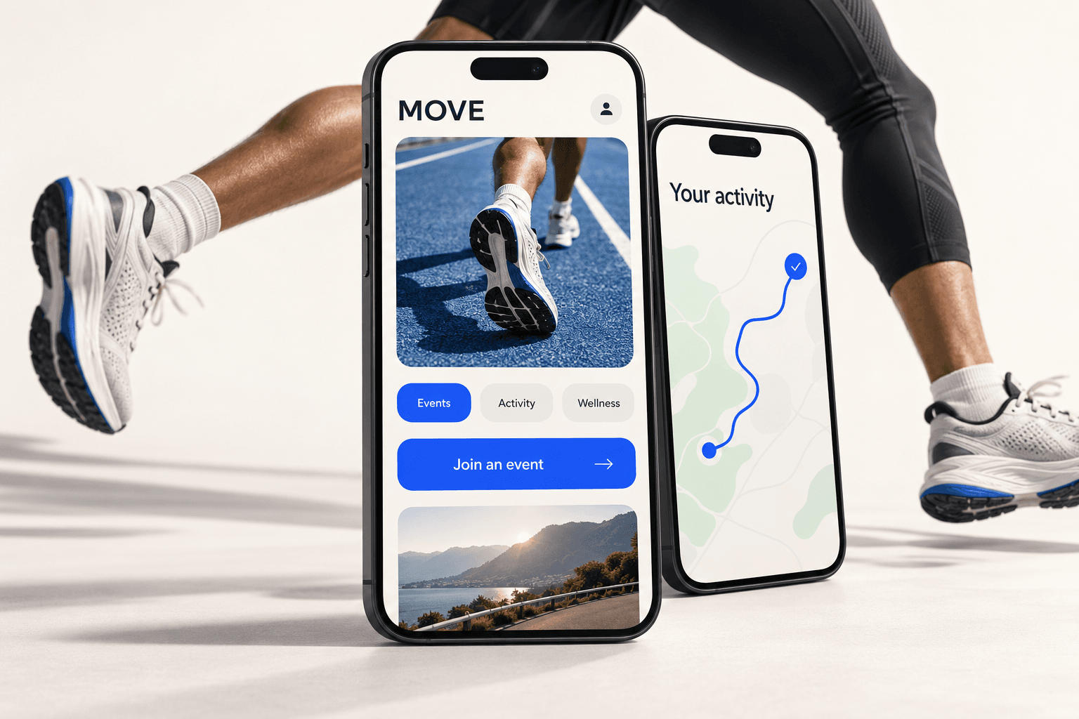 MOVE fitness app previews showing events and an activity route, with a runner in the background.