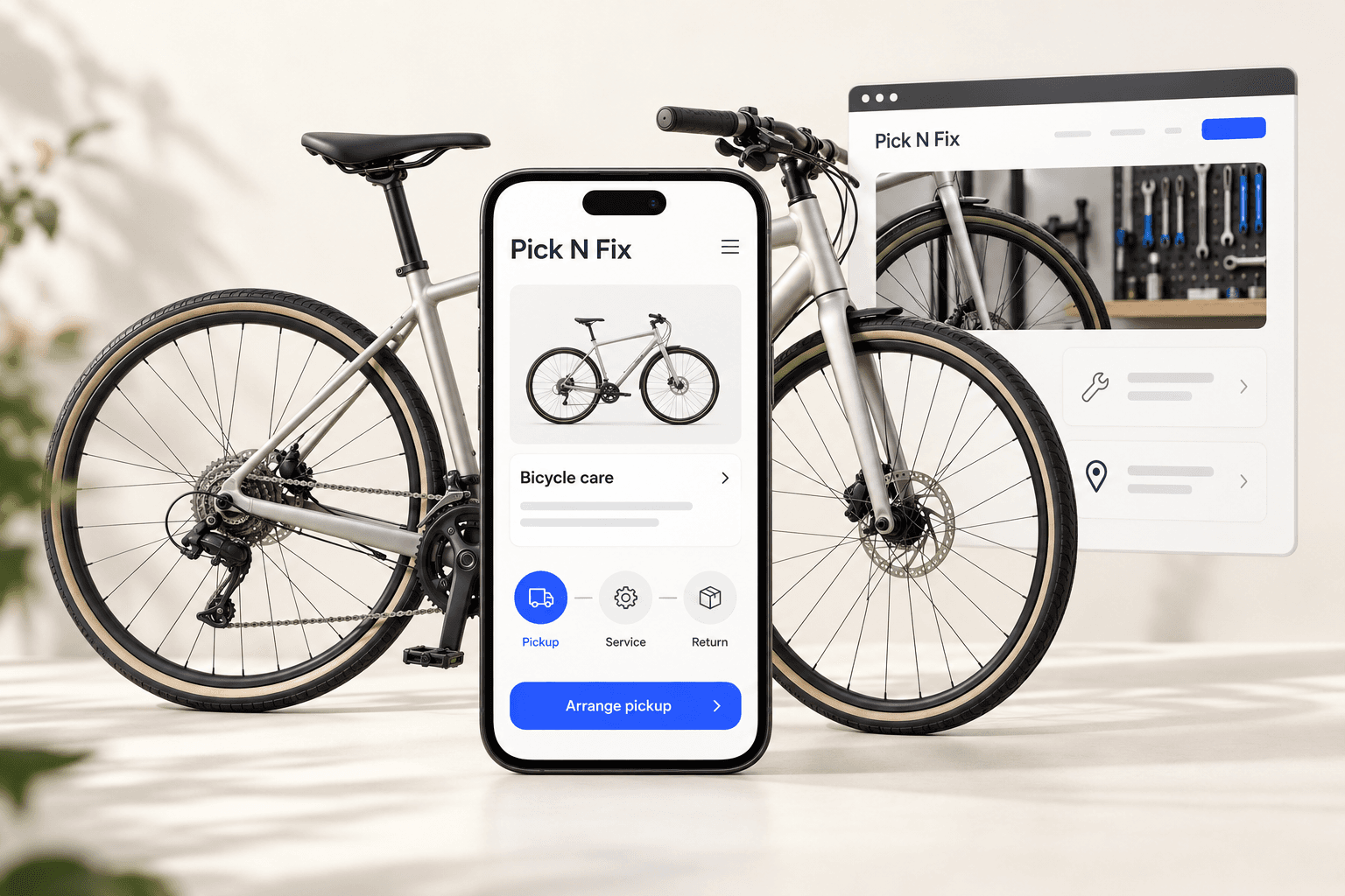 Pick N Fix bicycle-care mobile and desktop previews beside a bicycle, showing pickup, service and return.